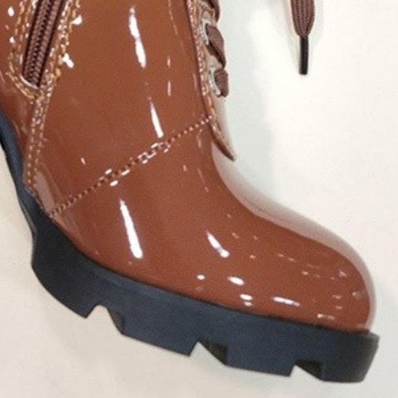 Cognac Shiny Glossy Man Made Leather Lace Up Chunky Bootie - Picture 6 of 7